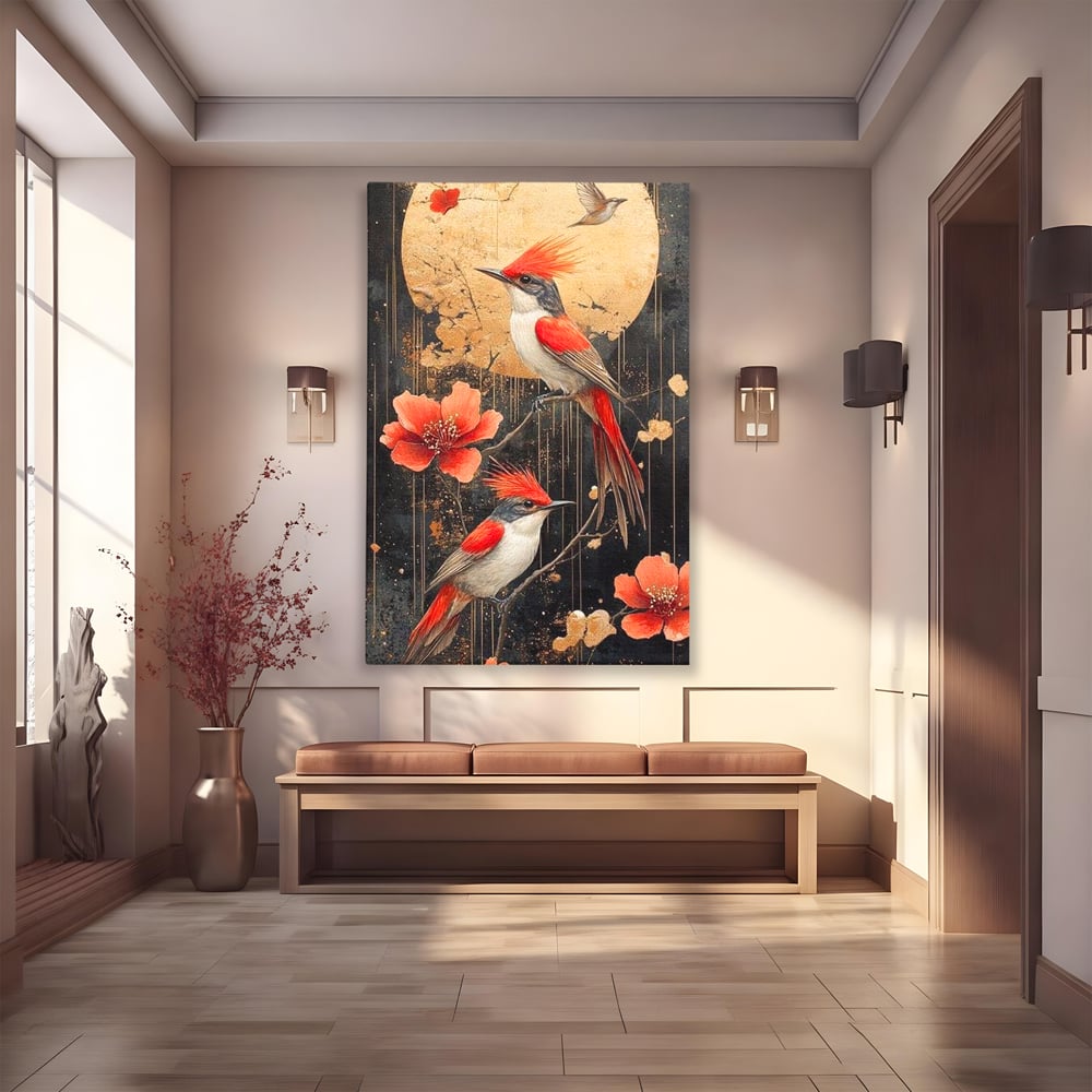 Leinwandbilder Premium, LuxCanva® M1064, Tanzen im Mondlicht, Vögel, Mond, Blumen, Rot, Gold, Zweige, Exotisch, Nächtlich, Fliegen, Mystisch, Poesie, Büro, Wohnen, Kinderzimmer