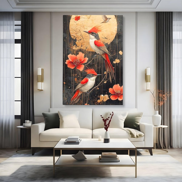 Leinwandbilder Premium, LuxCanva® M1064, Tanzen im Mondlicht, Vögel, Mond, Blumen, Rot, Gold, Zweige, Exotisch, Nächtlich, Fliegen, Mystisch, Poesie, Büro, Wohnen, Kinderzimmer
