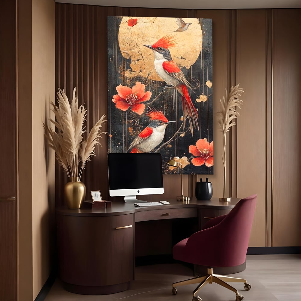 Leinwandbilder Premium, LuxCanva® M1064, Tanzen im Mondlicht, Vögel, Mond, Blumen, Rot, Gold, Zweige, Exotisch, Nächtlich, Fliegen, Mystisch, Poesie, Büro, Wohnen, Kinderzimmer