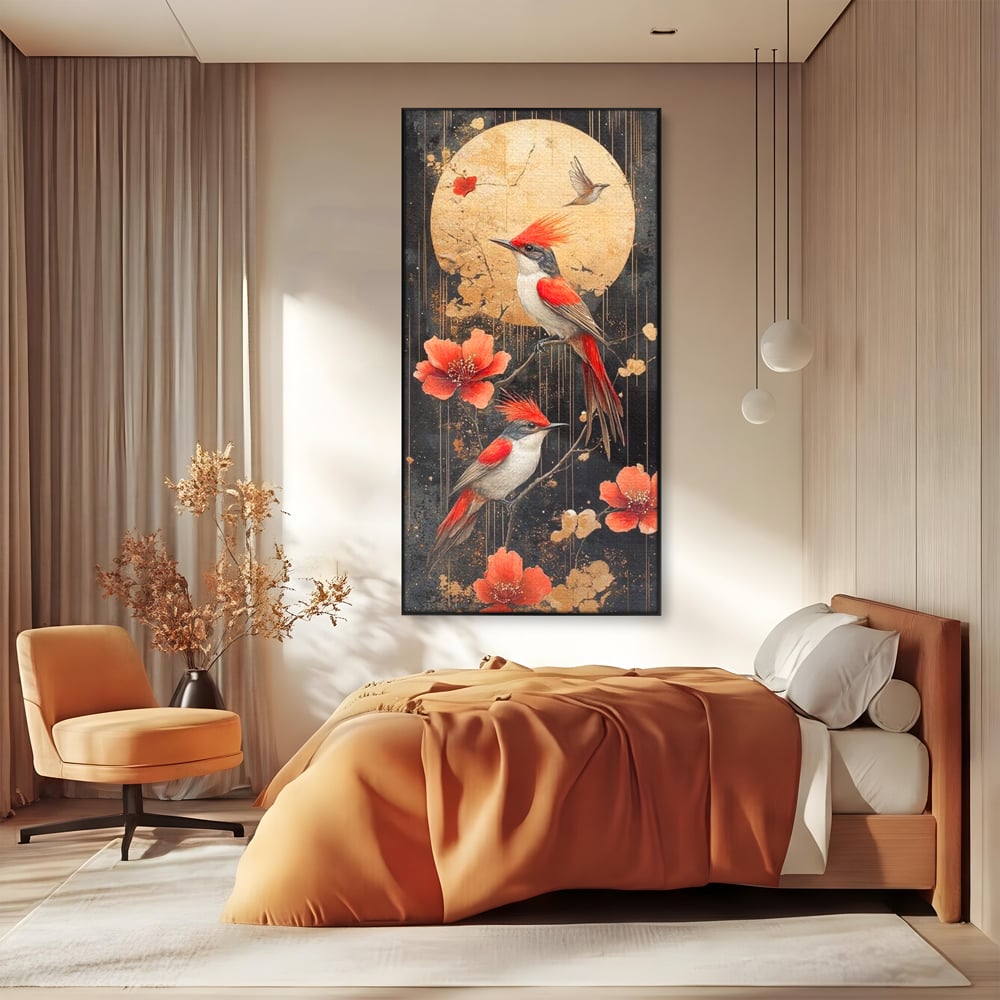 Leinwandbilder Premium, LuxCanva® M1064, Tanzen im Mondlicht, Vögel, Mond, Blumen, Rot, Gold, Zweige, Exotisch, Nächtlich, Fliegen, Mystisch, Poesie, Büro, Wohnen, Kinderzimmer
