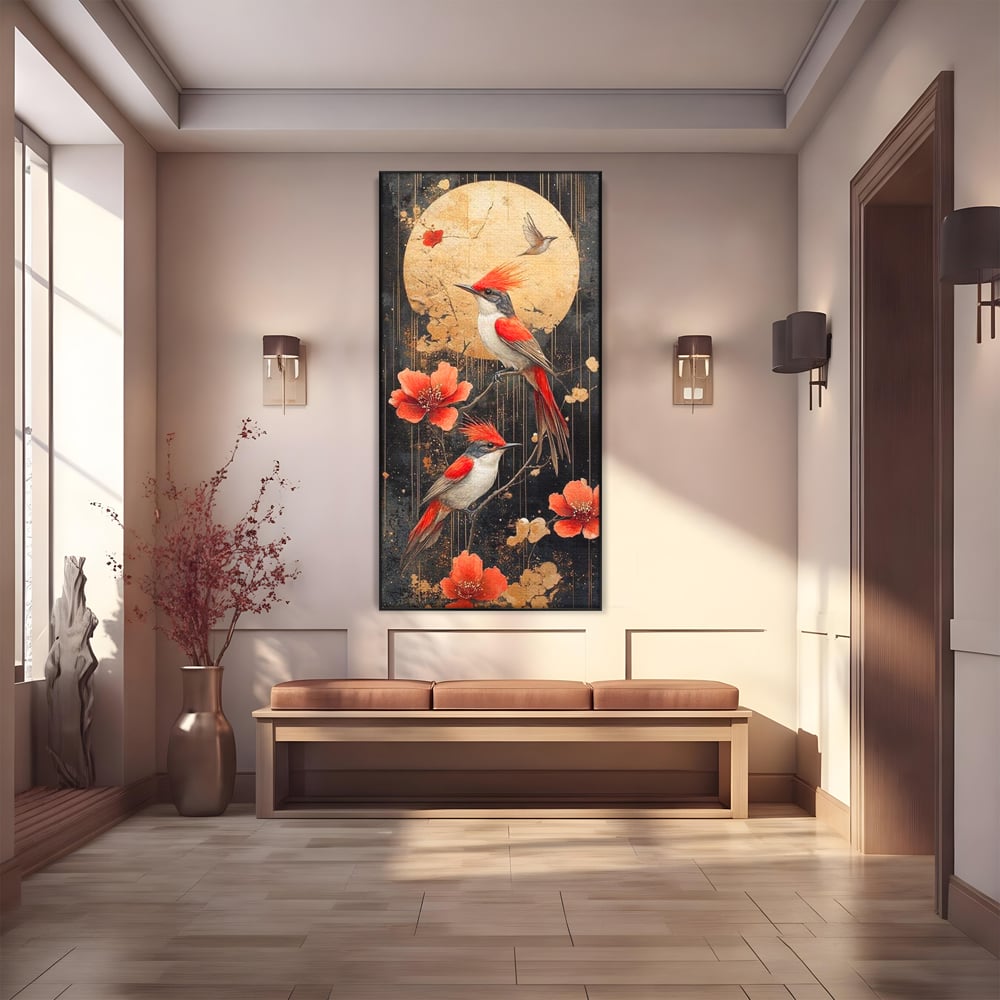 Leinwandbilder Premium, LuxCanva® M1064, Tanzen im Mondlicht, Vögel, Mond, Blumen, Rot, Gold, Zweige, Exotisch, Nächtlich, Fliegen, Mystisch, Poesie, Büro, Wohnen, Kinderzimmer