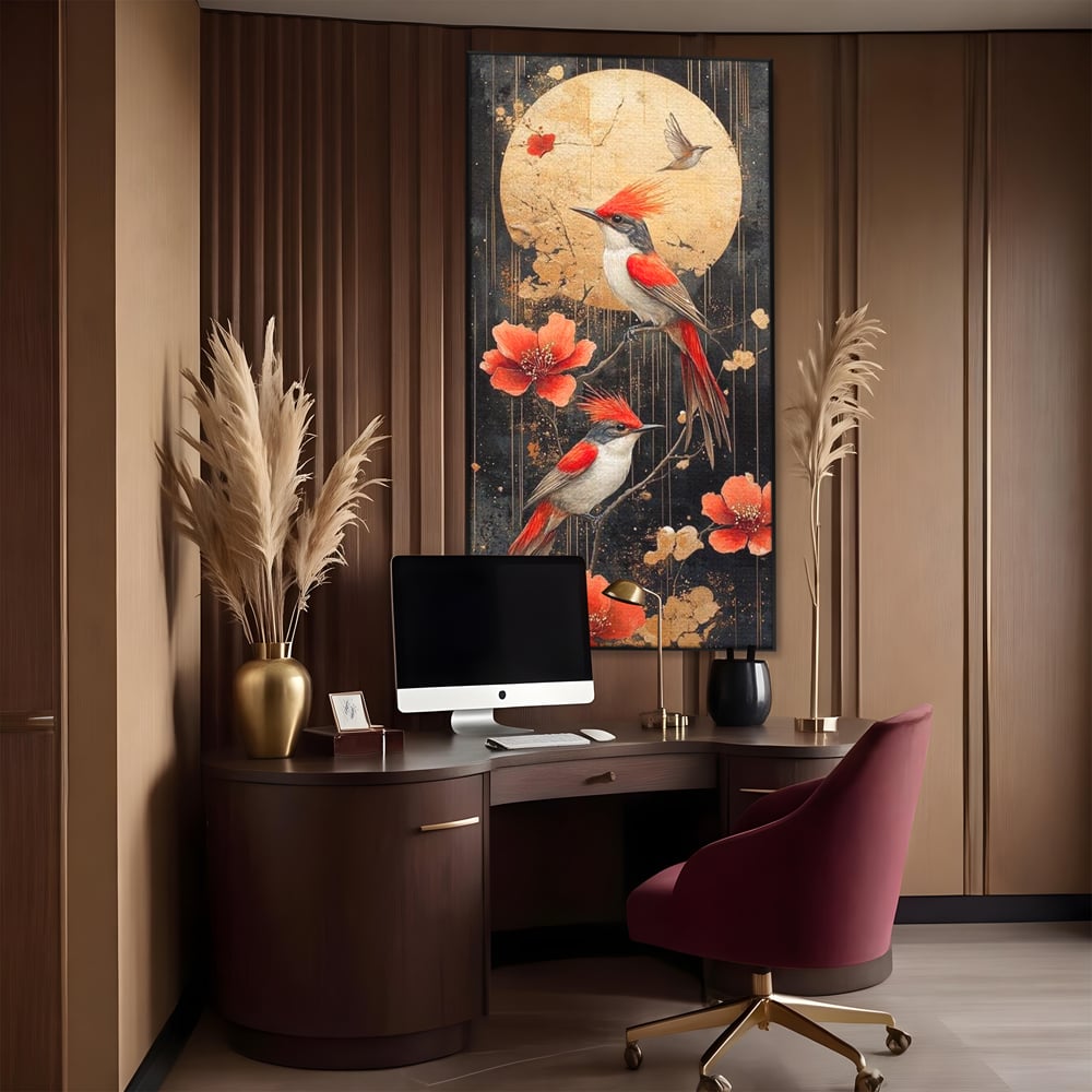 Leinwandbilder Premium, LuxCanva® M1064, Tanzen im Mondlicht, Vögel, Mond, Blumen, Rot, Gold, Zweige, Exotisch, Nächtlich, Fliegen, Mystisch, Poesie, Büro, Wohnen, Kinderzimmer