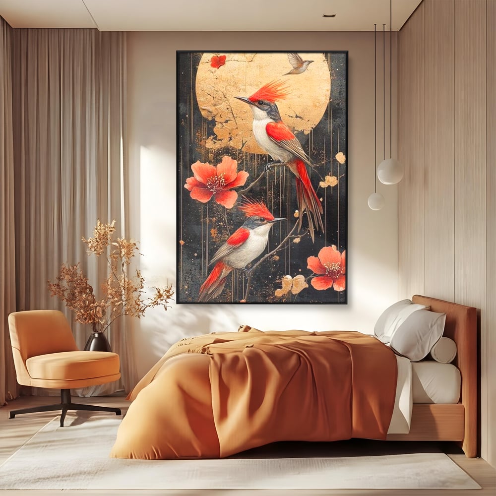 Leinwandbilder Premium, LuxCanva® M1064, Tanzen im Mondlicht, Vögel, Mond, Blumen, Rot, Gold, Zweige, Exotisch, Nächtlich, Fliegen, Mystisch, Poesie, Büro, Wohnen, Kinderzimmer