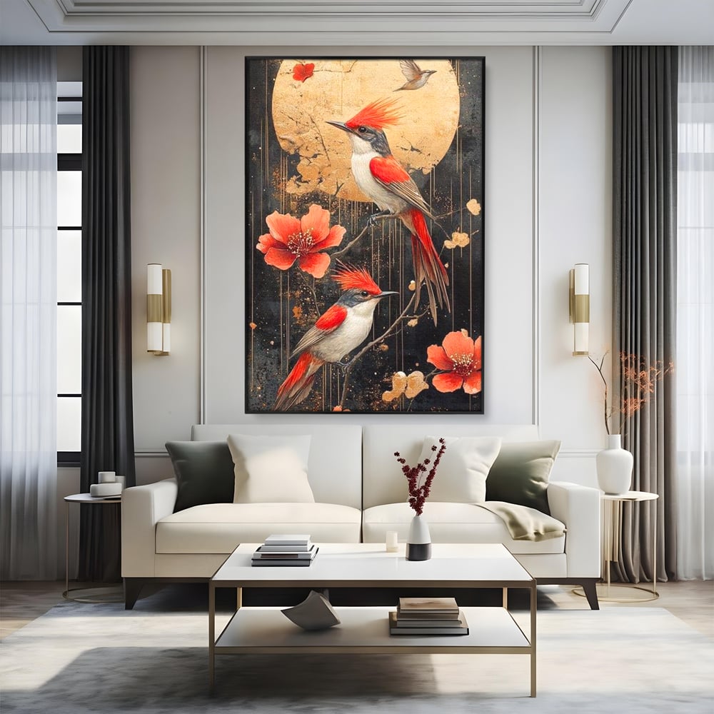 Leinwandbilder Premium, LuxCanva® M1064, Tanzen im Mondlicht, Vögel, Mond, Blumen, Rot, Gold, Zweige, Exotisch, Nächtlich, Fliegen, Mystisch, Poesie, Büro, Wohnen, Kinderzimmer