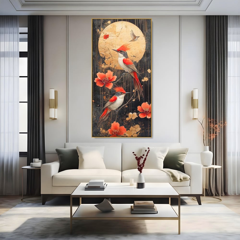 Leinwandbilder Premium, LuxCanva® M1064, Tanzen im Mondlicht, Vögel, Mond, Blumen, Rot, Gold, Zweige, Exotisch, Nächtlich, Fliegen, Mystisch, Poesie, Büro, Wohnen, Kinderzimmer