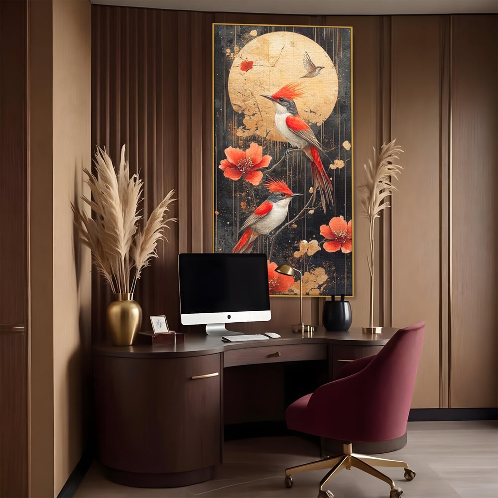 Leinwandbilder Premium, LuxCanva® M1064, Tanzen im Mondlicht, Vögel, Mond, Blumen, Rot, Gold, Zweige, Exotisch, Nächtlich, Fliegen, Mystisch, Poesie, Büro, Wohnen, Kinderzimmer