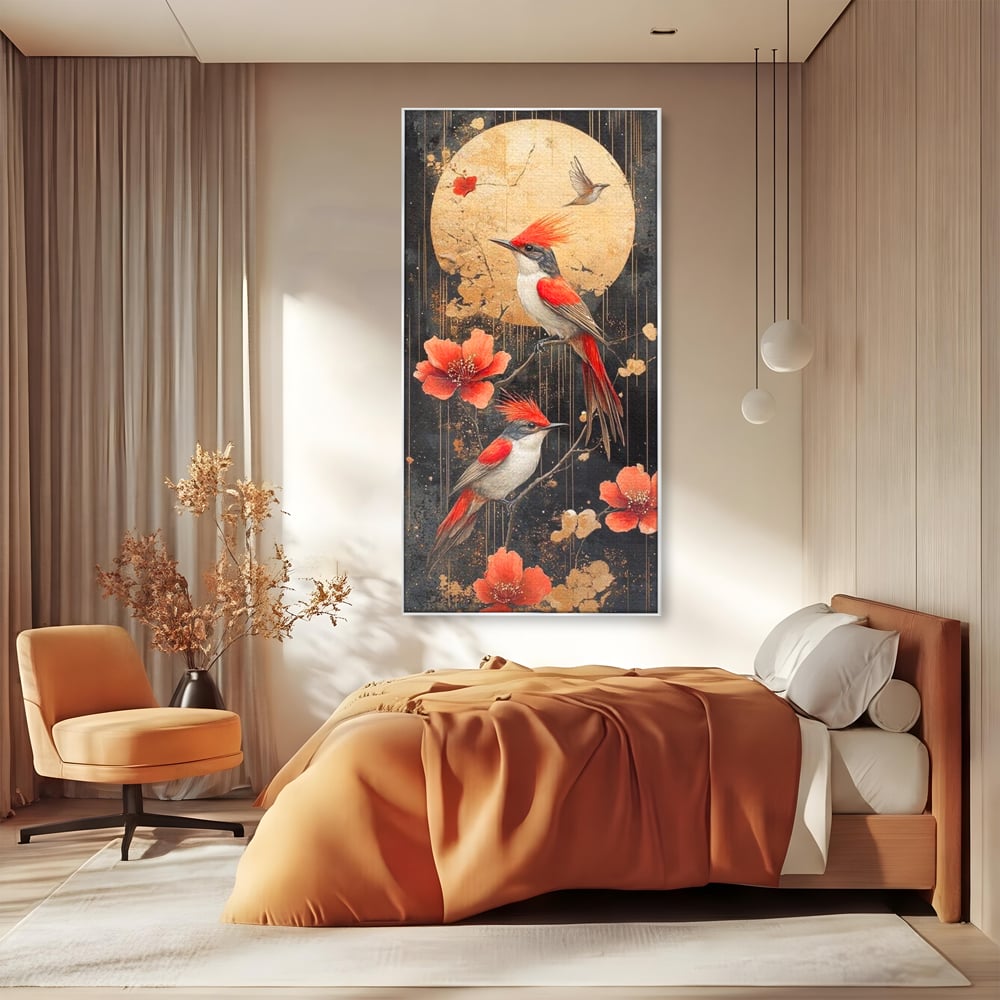Leinwandbilder Premium, LuxCanva® M1064, Tanzen im Mondlicht, Vögel, Mond, Blumen, Rot, Gold, Zweige, Exotisch, Nächtlich, Fliegen, Mystisch, Poesie, Büro, Wohnen, Kinderzimmer
