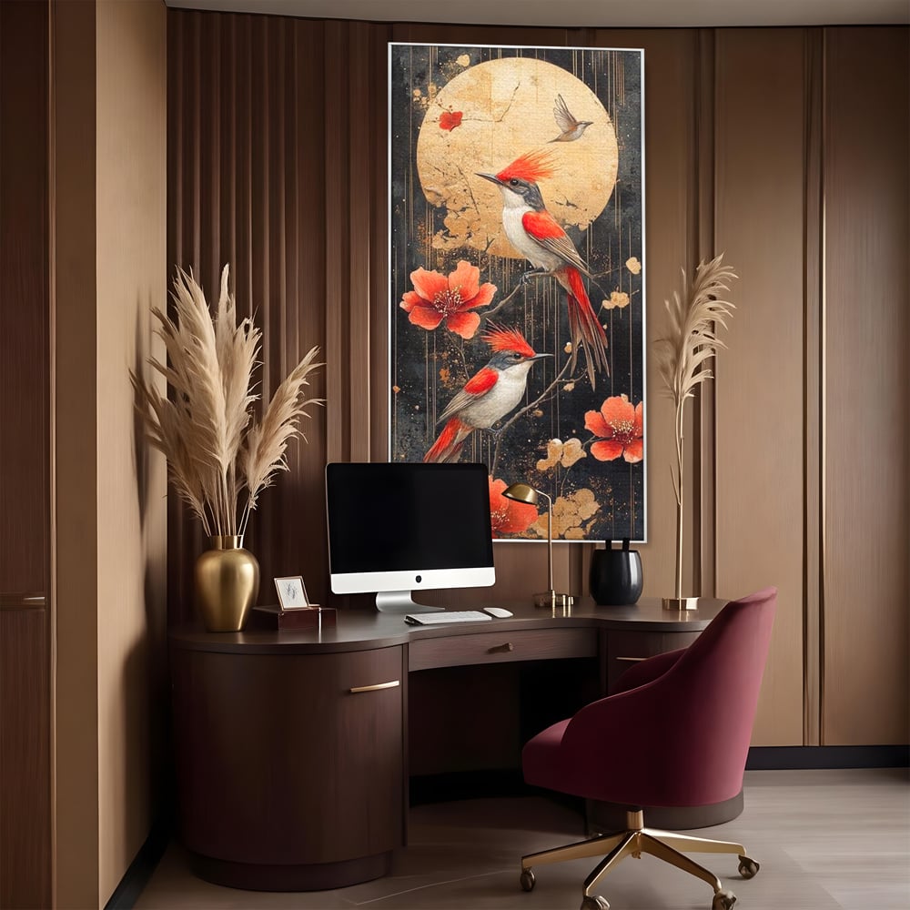 Leinwandbilder Premium, LuxCanva® M1064, Tanzen im Mondlicht, Vögel, Mond, Blumen, Rot, Gold, Zweige, Exotisch, Nächtlich, Fliegen, Mystisch, Poesie, Büro, Wohnen, Kinderzimmer