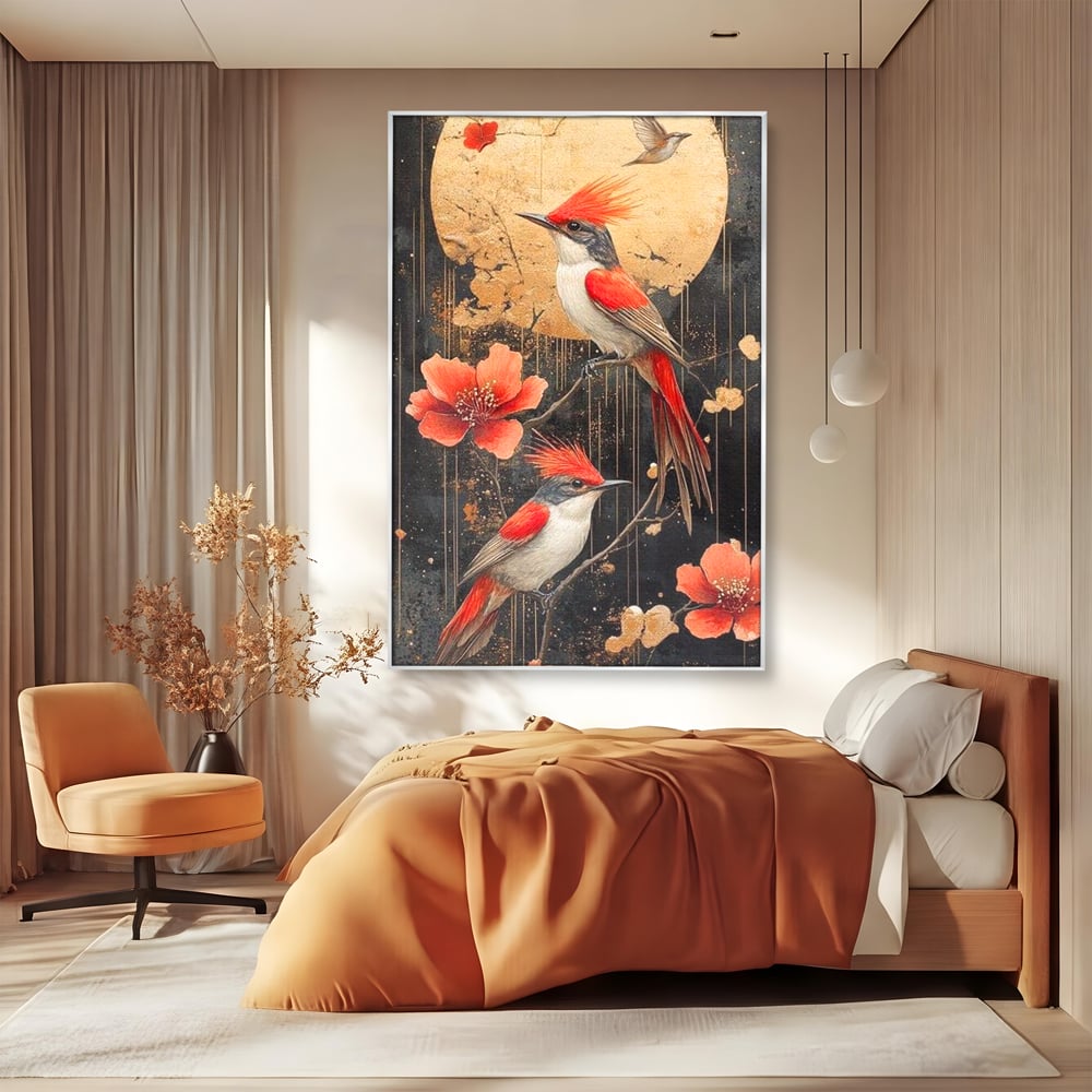 Leinwandbilder Premium, LuxCanva® M1064, Tanzen im Mondlicht, Vögel, Mond, Blumen, Rot, Gold, Zweige, Exotisch, Nächtlich, Fliegen, Mystisch, Poesie, Büro, Wohnen, Kinderzimmer
