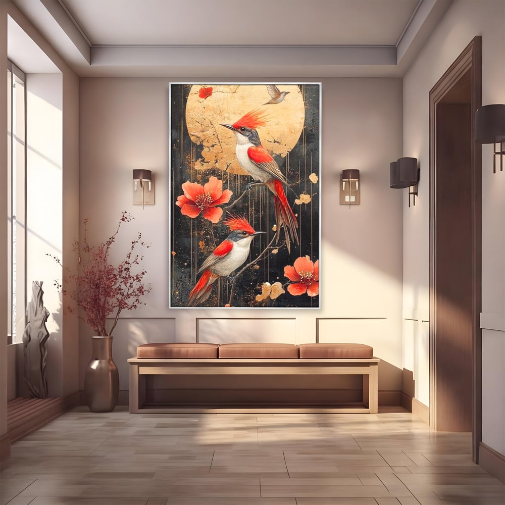 Leinwandbilder Premium, LuxCanva® M1064, Tanzen im Mondlicht, Vögel, Mond, Blumen, Rot, Gold, Zweige, Exotisch, Nächtlich, Fliegen, Mystisch, Poesie, Büro, Wohnen, Kinderzimmer