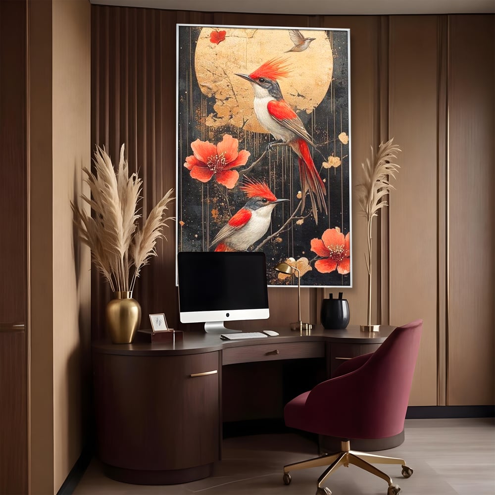 Leinwandbilder Premium, LuxCanva® M1064, Tanzen im Mondlicht, Vögel, Mond, Blumen, Rot, Gold, Zweige, Exotisch, Nächtlich, Fliegen, Mystisch, Poesie, Büro, Wohnen, Kinderzimmer