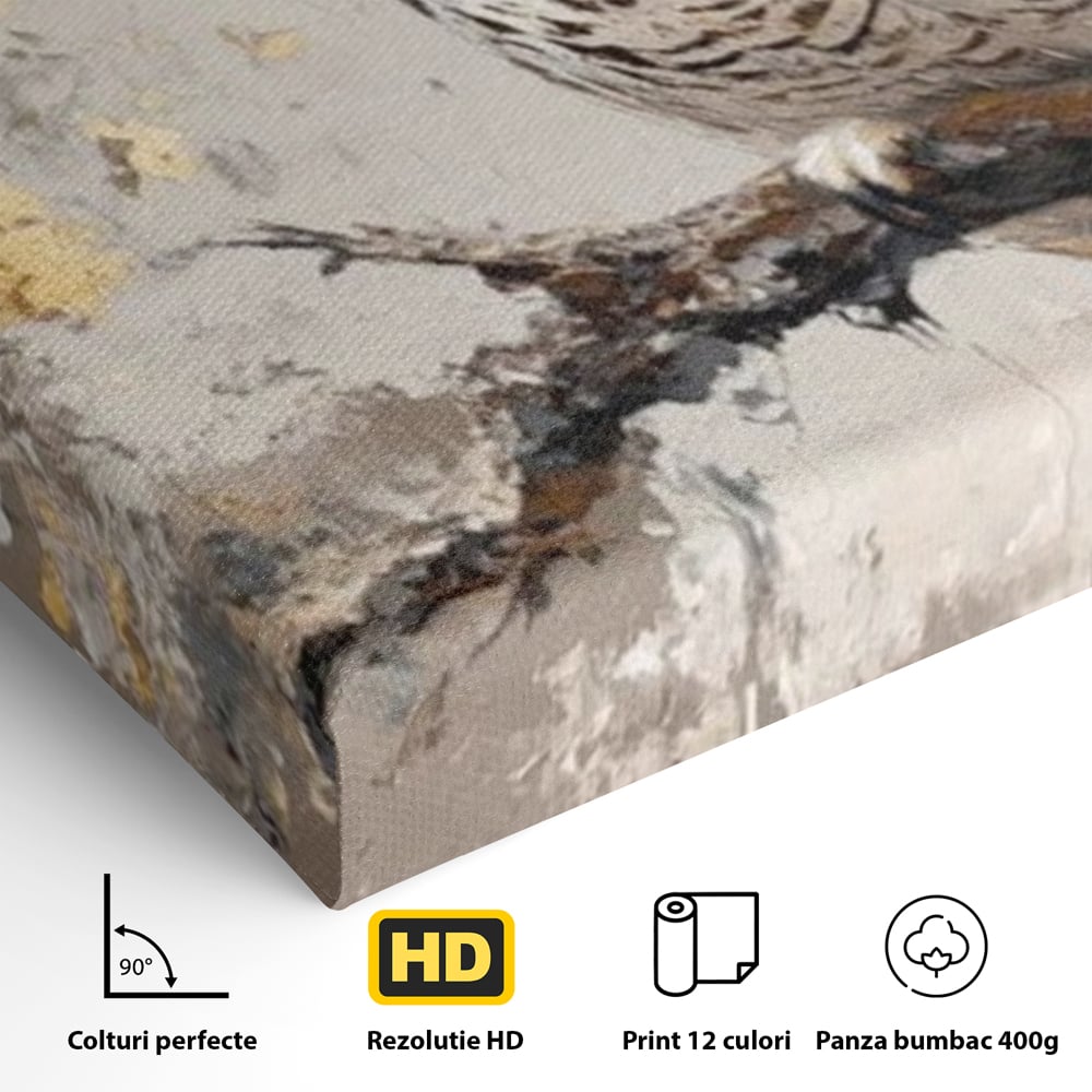 Tablou Canvas Premium, LuxCanva® M1065, Veghere in Praf de Aur, Bufnita, Auriu, Abstract, Pictura, Pasari, Ramura, Textura, Mister, Intelepciune, Birou, Living, Camera Copil