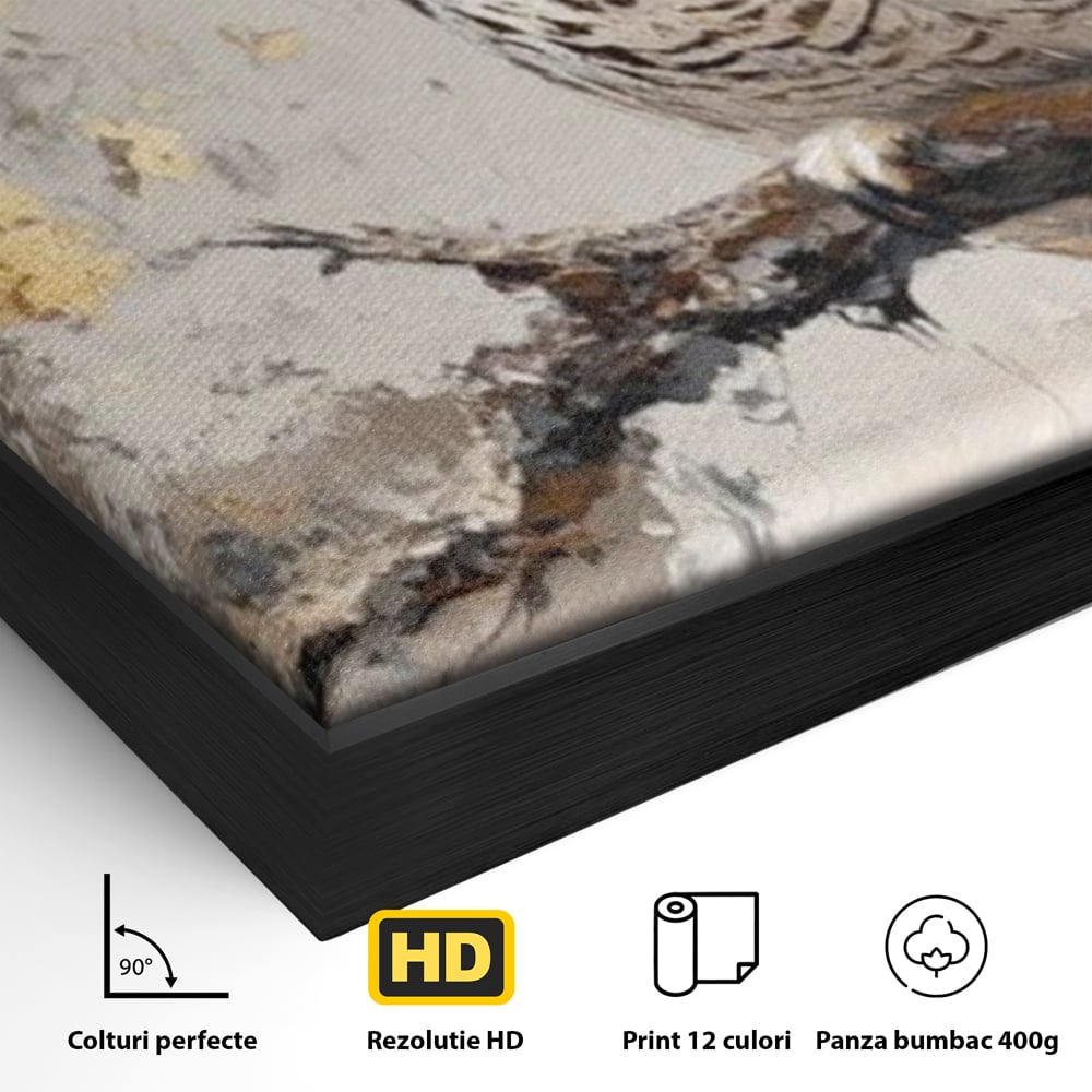 Tablou Canvas Premium, LuxCanva® M1065, Veghere in Praf de Aur, Bufnita, Auriu, Abstract, Pictura, Pasari, Ramura, Textura, Mister, Intelepciune, Birou, Living, Camera Copil