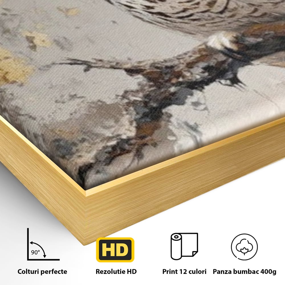 Tablou Canvas Premium, LuxCanva® M1065, Veghere in Praf de Aur, Bufnita, Auriu, Abstract, Pictura, Pasari, Ramura, Textura, Mister, Intelepciune, Birou, Living, Camera Copil