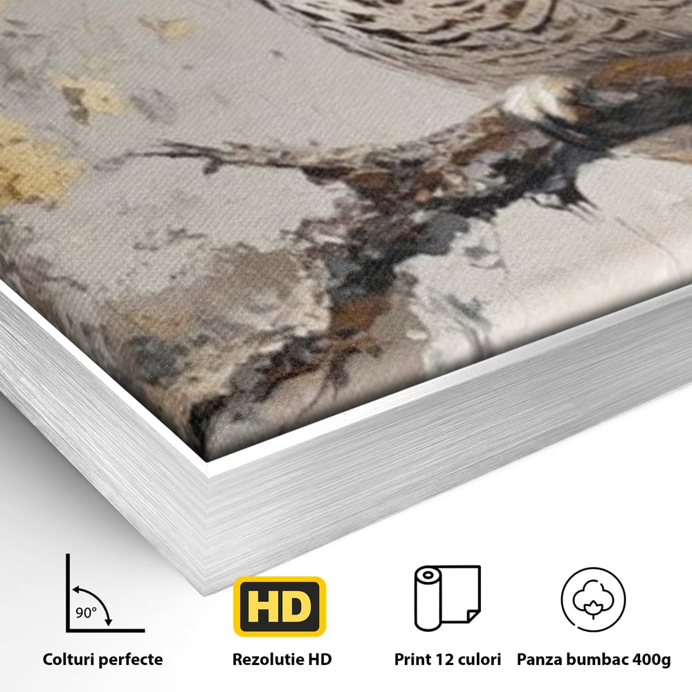 Tablou Canvas Premium, LuxCanva® M1065, Veghere in Praf de Aur, Bufnita, Auriu, Abstract, Pictura, Pasari, Ramura, Textura, Mister, Intelepciune, Birou, Living, Camera Copil