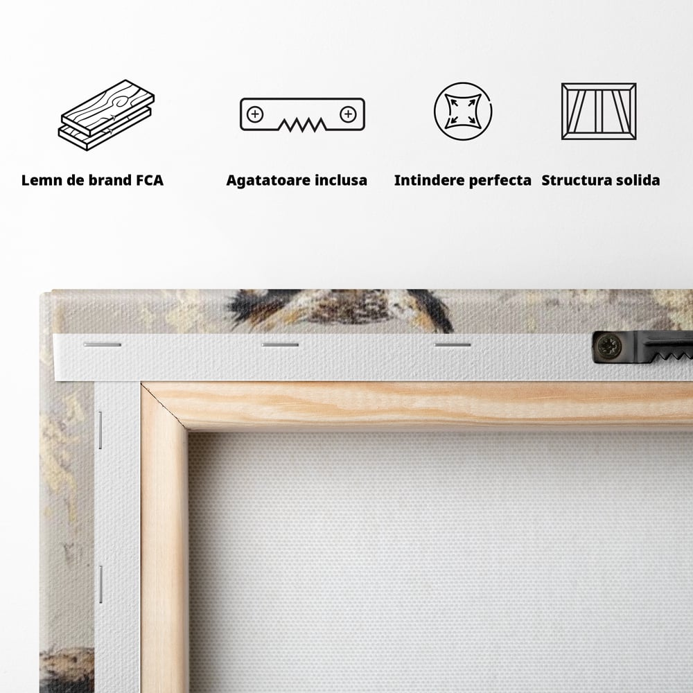 Tablou Canvas Premium, LuxCanva® M1065, Veghere in Praf de Aur, Bufnita, Auriu, Abstract, Pictura, Pasari, Ramura, Textura, Mister, Intelepciune, Birou, Living, Camera Copil