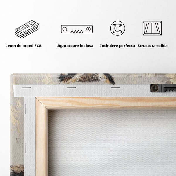 Tablou Canvas Premium, LuxCanva® M1065, Veghere in Praf de Aur, Bufnita, Auriu, Abstract, Pictura, Pasari, Ramura, Textura, Mister, Intelepciune, Birou, Living, Camera Copil
