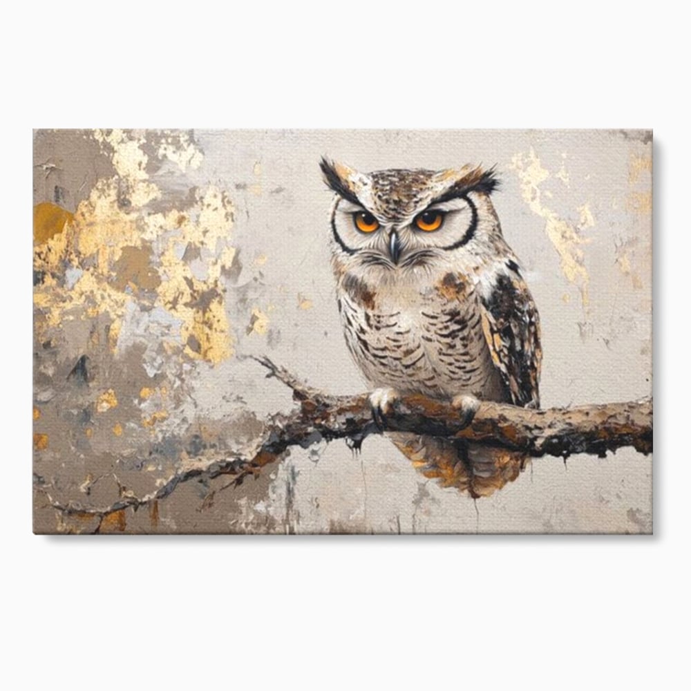 Tablou Canvas Premium, LuxCanva® M1065, Veghere in Praf de Aur, Bufnita, Auriu, Abstract, Pictura, Pasari, Ramura, Textura, Mister, Intelepciune, Birou, Living, Camera Copil