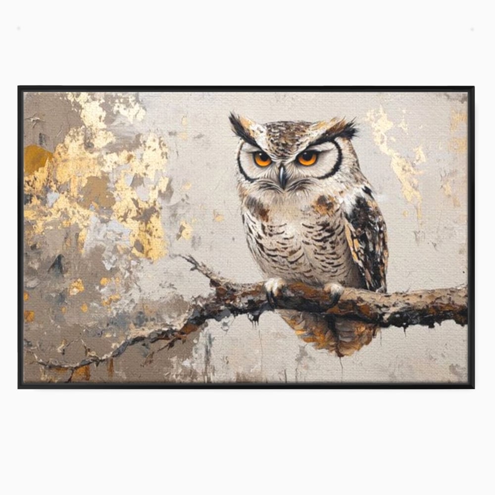 Tablou Canvas Premium, LuxCanva® M1065, Veghere in Praf de Aur, Bufnita, Auriu, Abstract, Pictura, Pasari, Ramura, Textura, Mister, Intelepciune, Birou, Living, Camera Copil