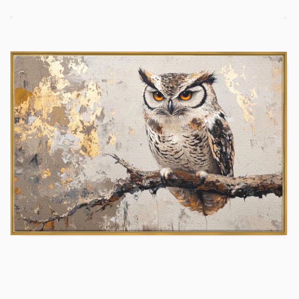 Tablou Canvas Premium, LuxCanva® M1065, Veghere in Praf de Aur, Bufnita, Auriu, Abstract, Pictura, Pasari, Ramura, Textura, Mister, Intelepciune, Birou, Living, Camera Copil