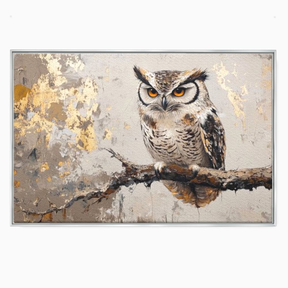 Tablou Canvas Premium, LuxCanva® M1065, Veghere in Praf de Aur, Bufnita, Auriu, Abstract, Pictura, Pasari, Ramura, Textura, Mister, Intelepciune, Birou, Living, Camera Copil