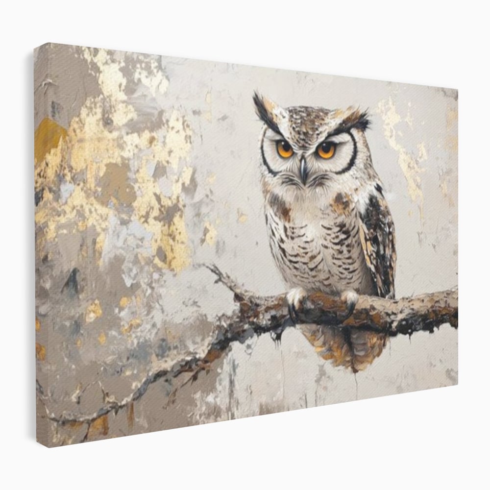 Tablou Canvas Premium, LuxCanva® M1065, Veghere in Praf de Aur, Bufnita, Auriu, Abstract, Pictura, Pasari, Ramura, Textura, Mister, Intelepciune, Birou, Living, Camera Copil