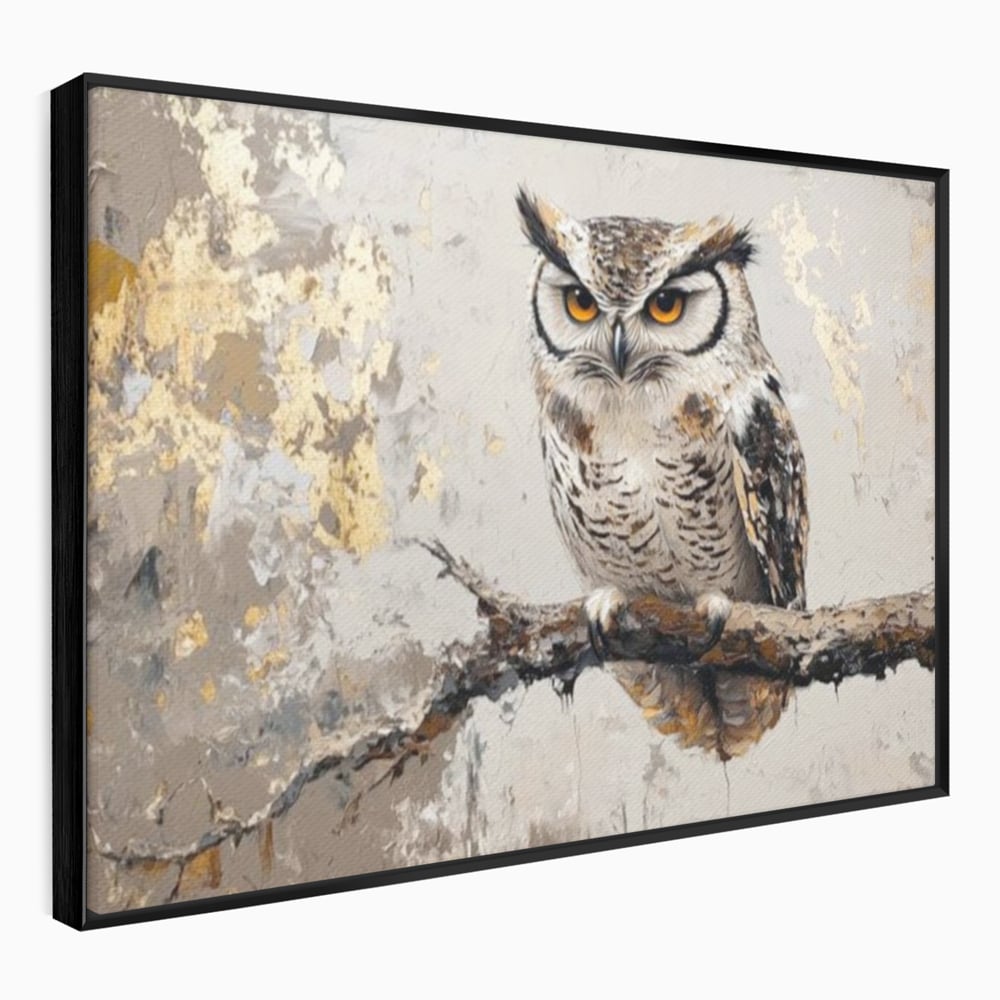 Tablou Canvas Premium, LuxCanva® M1065, Veghere in Praf de Aur, Bufnita, Auriu, Abstract, Pictura, Pasari, Ramura, Textura, Mister, Intelepciune, Birou, Living, Camera Copil