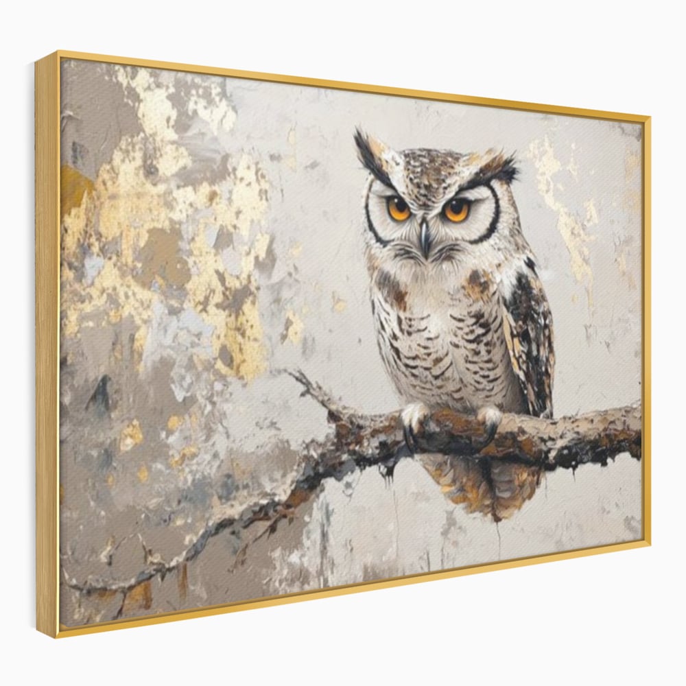 Tablou Canvas Premium, LuxCanva® M1065, Veghere in Praf de Aur, Bufnita, Auriu, Abstract, Pictura, Pasari, Ramura, Textura, Mister, Intelepciune, Birou, Living, Camera Copil