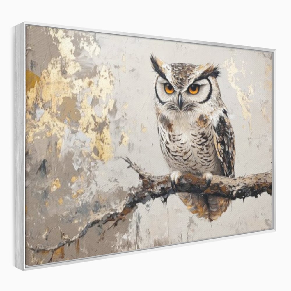 Tablou Canvas Premium, LuxCanva® M1065, Veghere in Praf de Aur, Bufnita, Auriu, Abstract, Pictura, Pasari, Ramura, Textura, Mister, Intelepciune, Birou, Living, Camera Copil