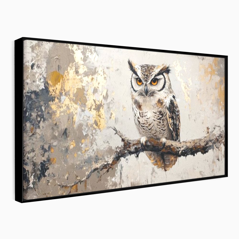 Tablou Canvas Premium, LuxCanva® M1065, Veghere in Praf de Aur, Bufnita, Auriu, Abstract, Pictura, Pasari, Ramura, Textura, Mister, Intelepciune, Birou, Living, Camera Copil