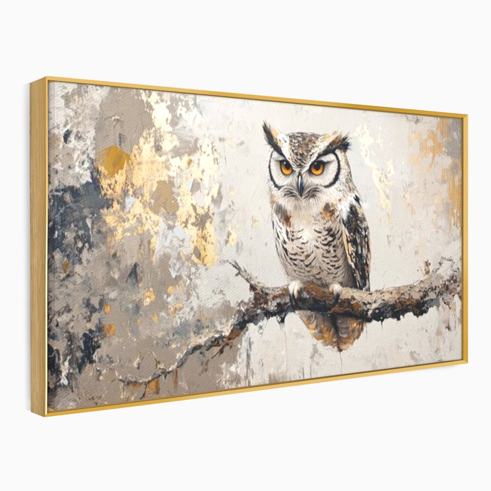 Tablou Canvas Premium, LuxCanva® M1065, Veghere in Praf de Aur, Bufnita, Auriu, Abstract, Pictura, Pasari, Ramura, Textura, Mister, Intelepciune, Birou, Living, Camera Copil