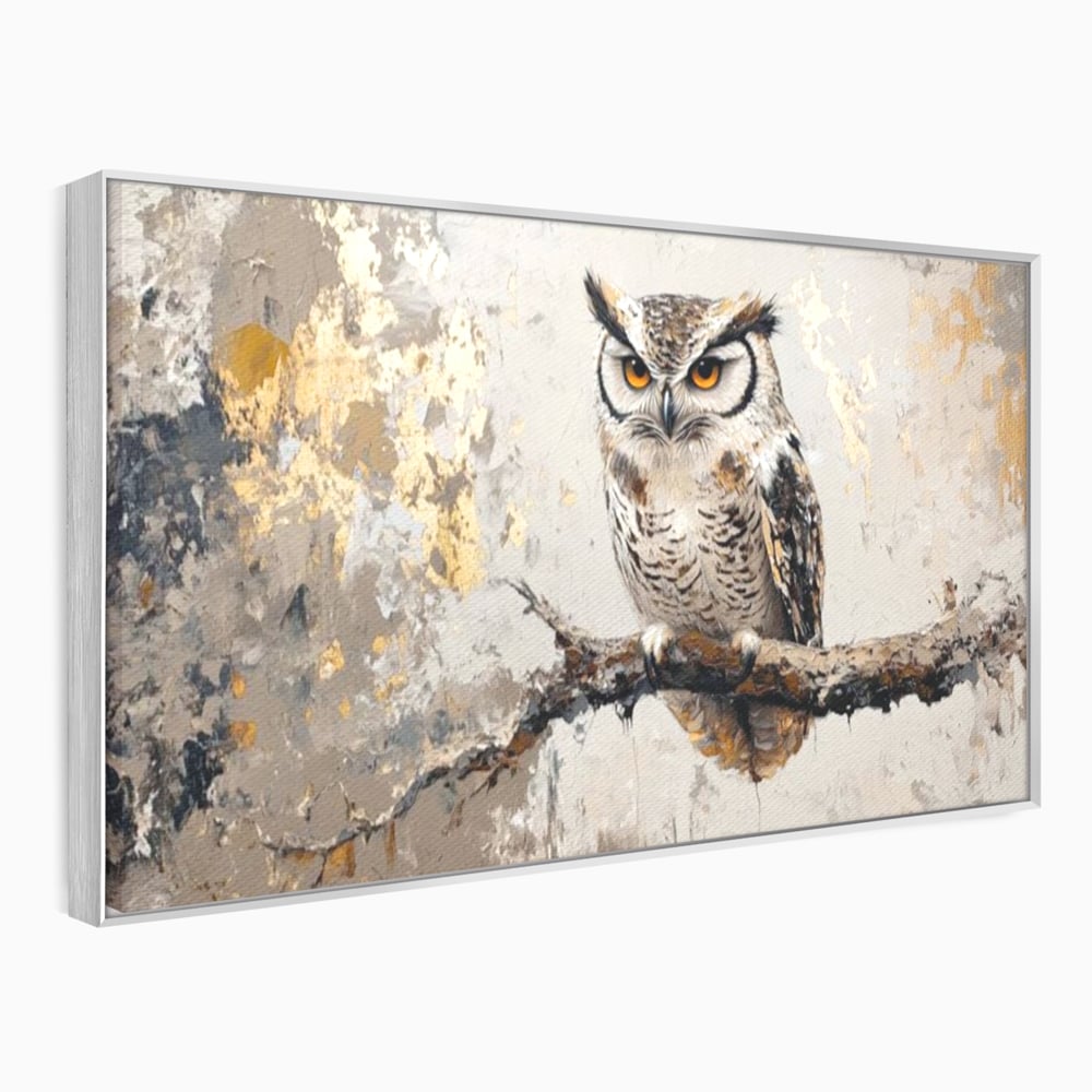 Tablou Canvas Premium, LuxCanva® M1065, Veghere in Praf de Aur, Bufnita, Auriu, Abstract, Pictura, Pasari, Ramura, Textura, Mister, Intelepciune, Birou, Living, Camera Copil