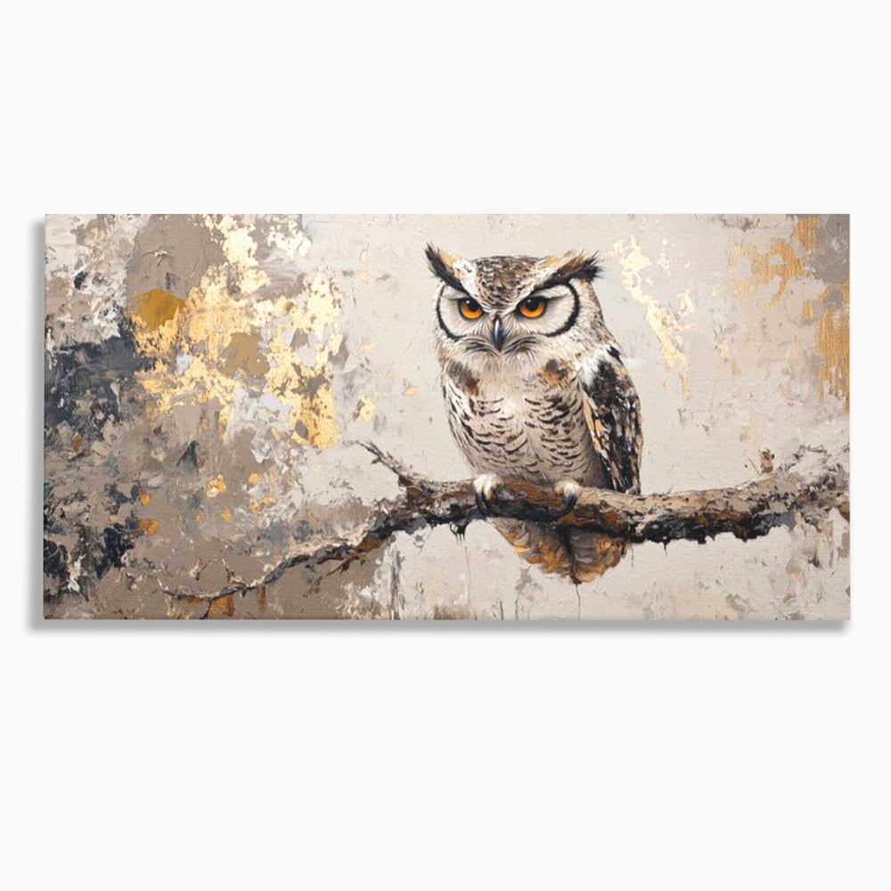 Tablou Canvas Premium, LuxCanva® M1065, Veghere in Praf de Aur, Bufnita, Auriu, Abstract, Pictura, Pasari, Ramura, Textura, Mister, Intelepciune, Birou, Living, Camera Copil