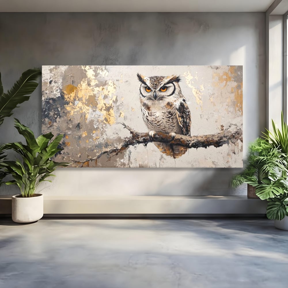 Tablou Canvas Premium, LuxCanva® M1065, Veghere in Praf de Aur, Bufnita, Auriu, Abstract, Pictura, Pasari, Ramura, Textura, Mister, Intelepciune, Birou, Living, Camera Copil