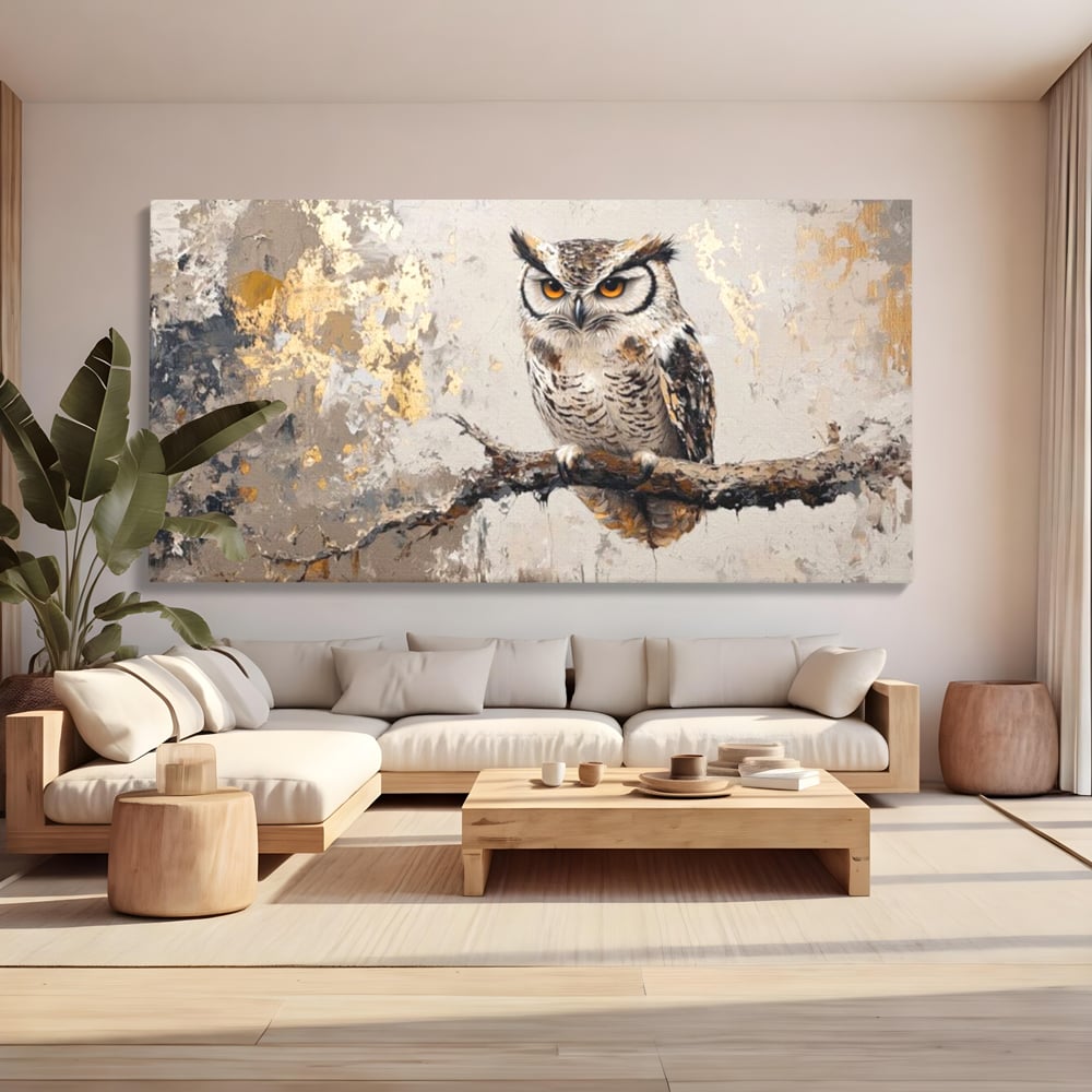 Tablou Canvas Premium, LuxCanva® M1065, Veghere in Praf de Aur, Bufnita, Auriu, Abstract, Pictura, Pasari, Ramura, Textura, Mister, Intelepciune, Birou, Living, Camera Copil