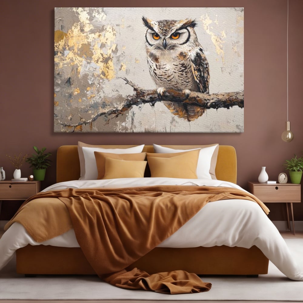 Tablou Canvas Premium, LuxCanva® M1065, Veghere in Praf de Aur, Bufnita, Auriu, Abstract, Pictura, Pasari, Ramura, Textura, Mister, Intelepciune, Birou, Living, Camera Copil