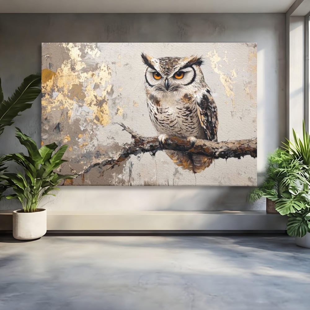 Tablou Canvas Premium, LuxCanva® M1065, Veghere in Praf de Aur, Bufnita, Auriu, Abstract, Pictura, Pasari, Ramura, Textura, Mister, Intelepciune, Birou, Living, Camera Copil