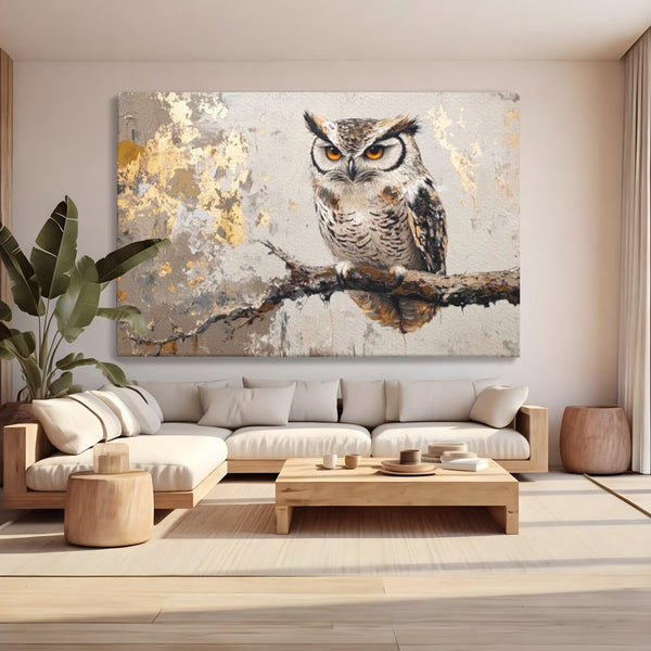 Tablou Canvas Premium, LuxCanva® M1065, Veghere in Praf de Aur, Bufnita, Auriu, Abstract, Pictura, Pasari, Ramura, Textura, Mister, Intelepciune, Birou, Living, Camera Copil