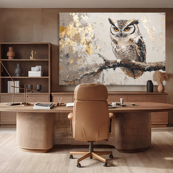 Tablou Canvas Premium, LuxCanva® M1065, Veghere in Praf de Aur, Bufnita, Auriu, Abstract, Pictura, Pasari, Ramura, Textura, Mister, Intelepciune, Birou, Living, Camera Copil