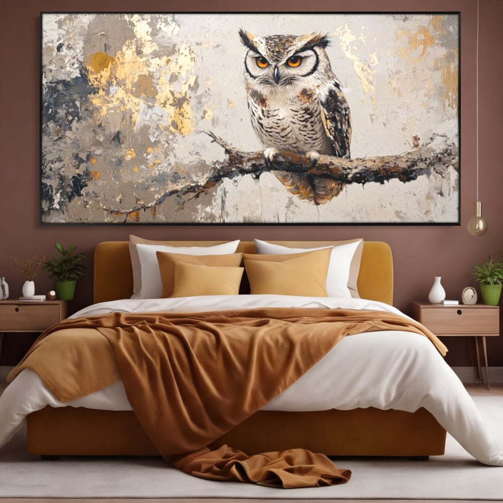 Tablou Canvas Premium, LuxCanva® M1065, Veghere in Praf de Aur, Bufnita, Auriu, Abstract, Pictura, Pasari, Ramura, Textura, Mister, Intelepciune, Birou, Living, Camera Copil