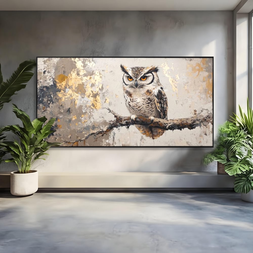 Tablou Canvas Premium, LuxCanva® M1065, Veghere in Praf de Aur, Bufnita, Auriu, Abstract, Pictura, Pasari, Ramura, Textura, Mister, Intelepciune, Birou, Living, Camera Copil
