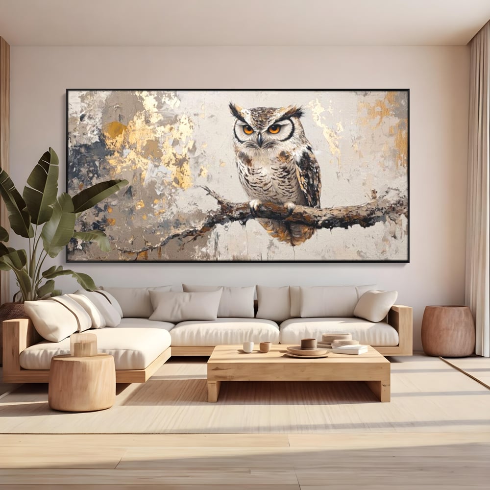 Tablou Canvas Premium, LuxCanva® M1065, Veghere in Praf de Aur, Bufnita, Auriu, Abstract, Pictura, Pasari, Ramura, Textura, Mister, Intelepciune, Birou, Living, Camera Copil