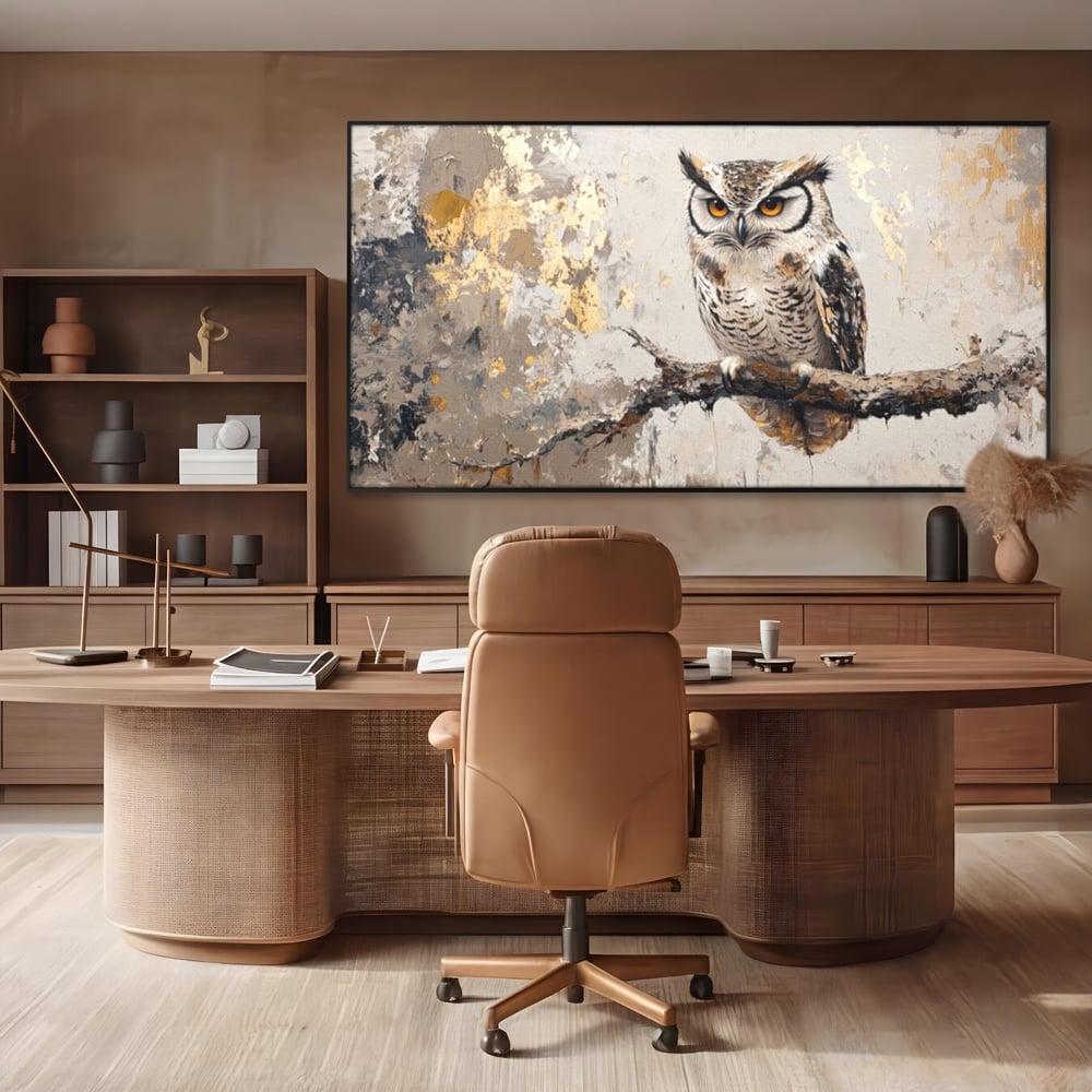 Tablou Canvas Premium, LuxCanva® M1065, Veghere in Praf de Aur, Bufnita, Auriu, Abstract, Pictura, Pasari, Ramura, Textura, Mister, Intelepciune, Birou, Living, Camera Copil