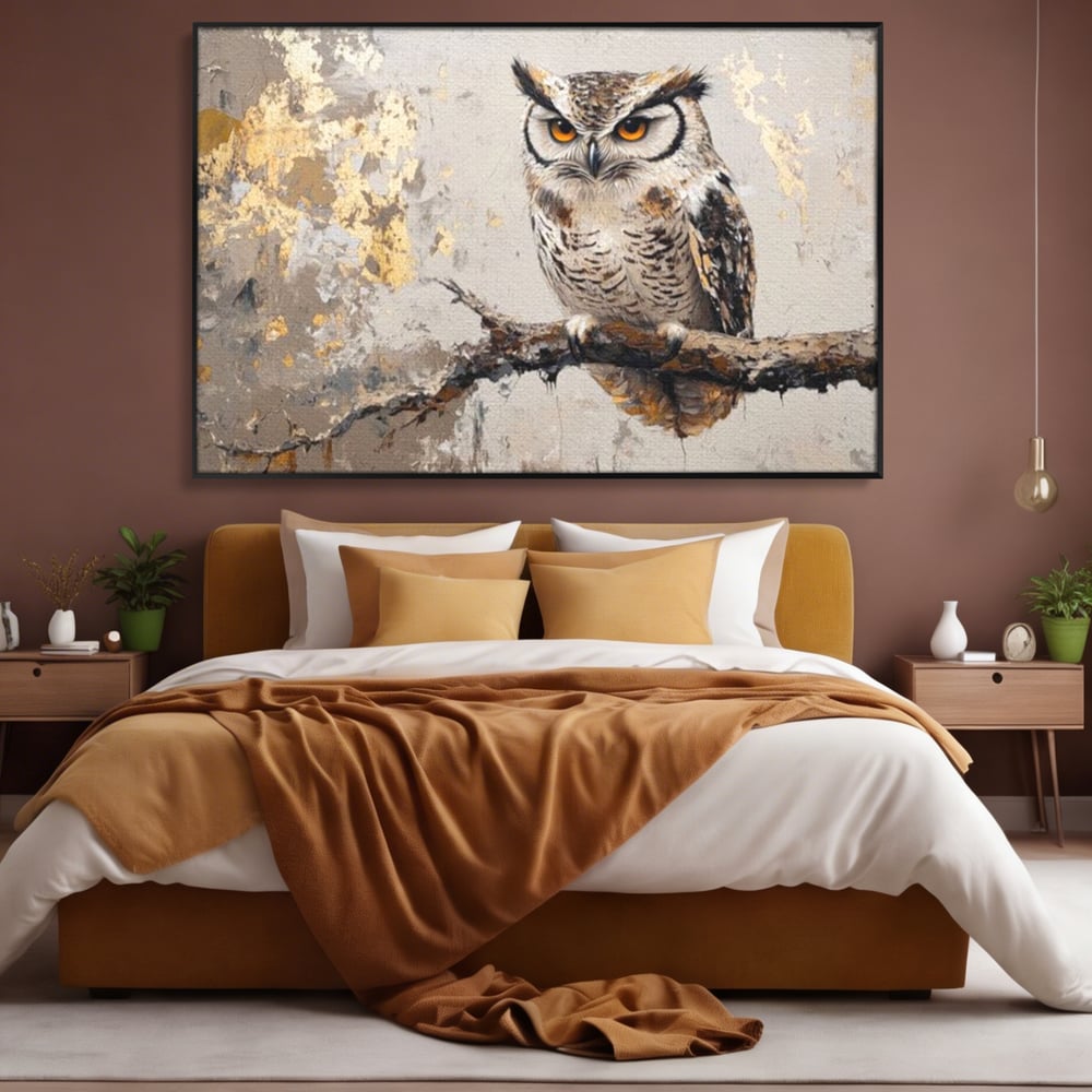 Tablou Canvas Premium, LuxCanva® M1065, Veghere in Praf de Aur, Bufnita, Auriu, Abstract, Pictura, Pasari, Ramura, Textura, Mister, Intelepciune, Birou, Living, Camera Copil