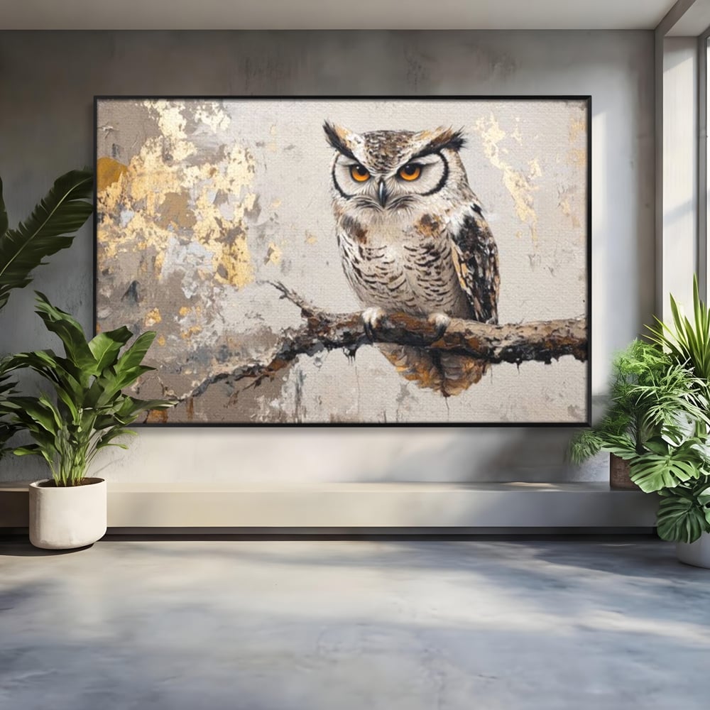 Tablou Canvas Premium, LuxCanva® M1065, Veghere in Praf de Aur, Bufnita, Auriu, Abstract, Pictura, Pasari, Ramura, Textura, Mister, Intelepciune, Birou, Living, Camera Copil