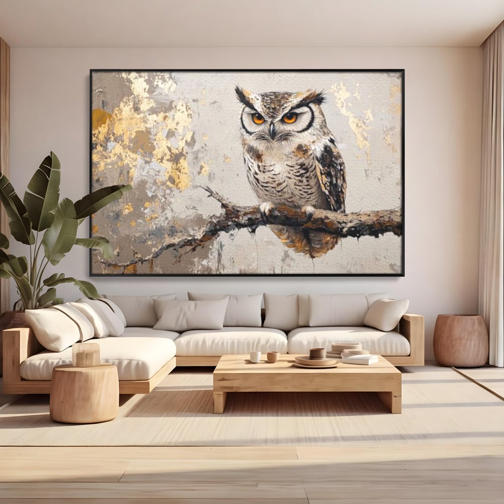 Tablou Canvas Premium, LuxCanva® M1065, Veghere in Praf de Aur, Bufnita, Auriu, Abstract, Pictura, Pasari, Ramura, Textura, Mister, Intelepciune, Birou, Living, Camera Copil