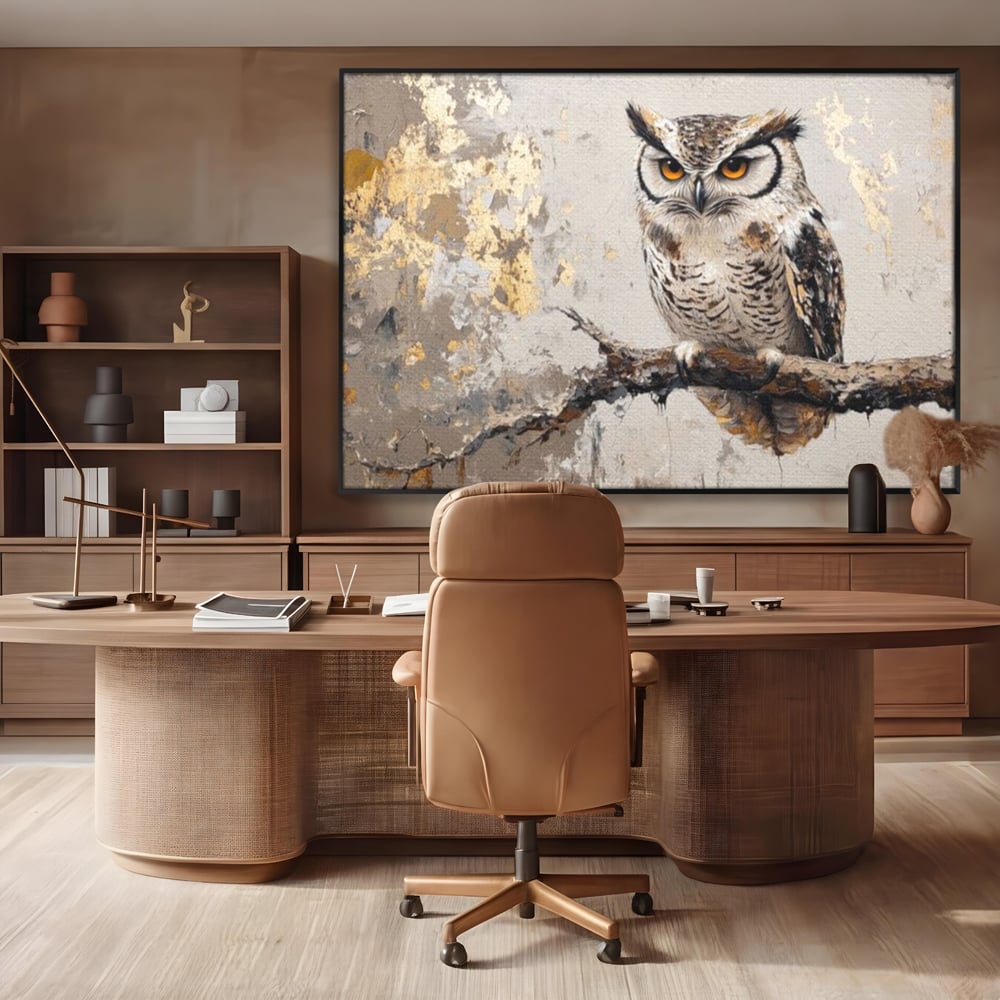 Tablou Canvas Premium, LuxCanva® M1065, Veghere in Praf de Aur, Bufnita, Auriu, Abstract, Pictura, Pasari, Ramura, Textura, Mister, Intelepciune, Birou, Living, Camera Copil