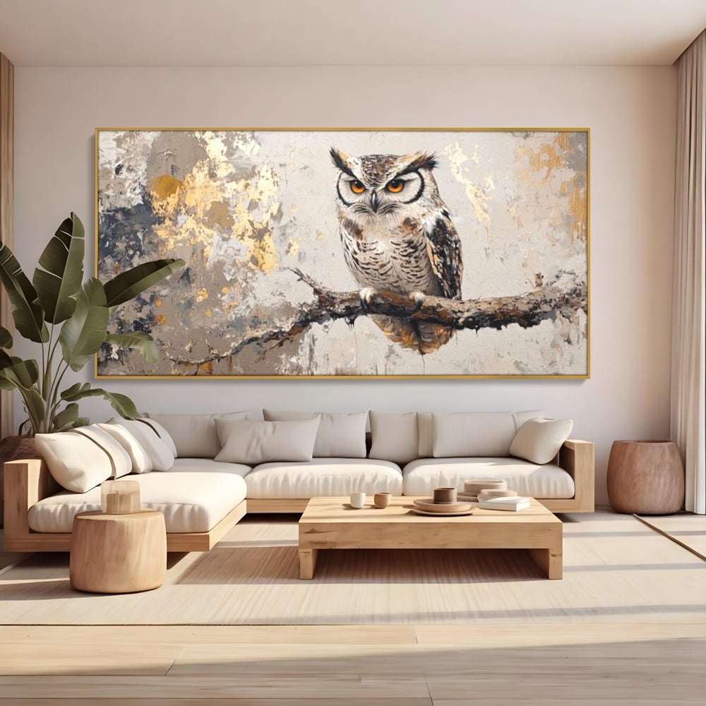 Tablou Canvas Premium, LuxCanva® M1065, Veghere in Praf de Aur, Bufnita, Auriu, Abstract, Pictura, Pasari, Ramura, Textura, Mister, Intelepciune, Birou, Living, Camera Copil