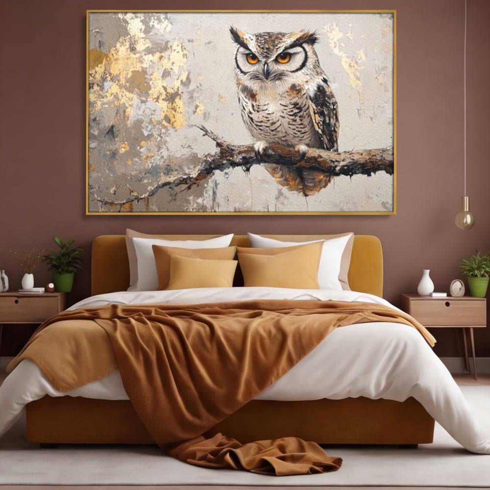 Tablou Canvas Premium, LuxCanva® M1065, Veghere in Praf de Aur, Bufnita, Auriu, Abstract, Pictura, Pasari, Ramura, Textura, Mister, Intelepciune, Birou, Living, Camera Copil
