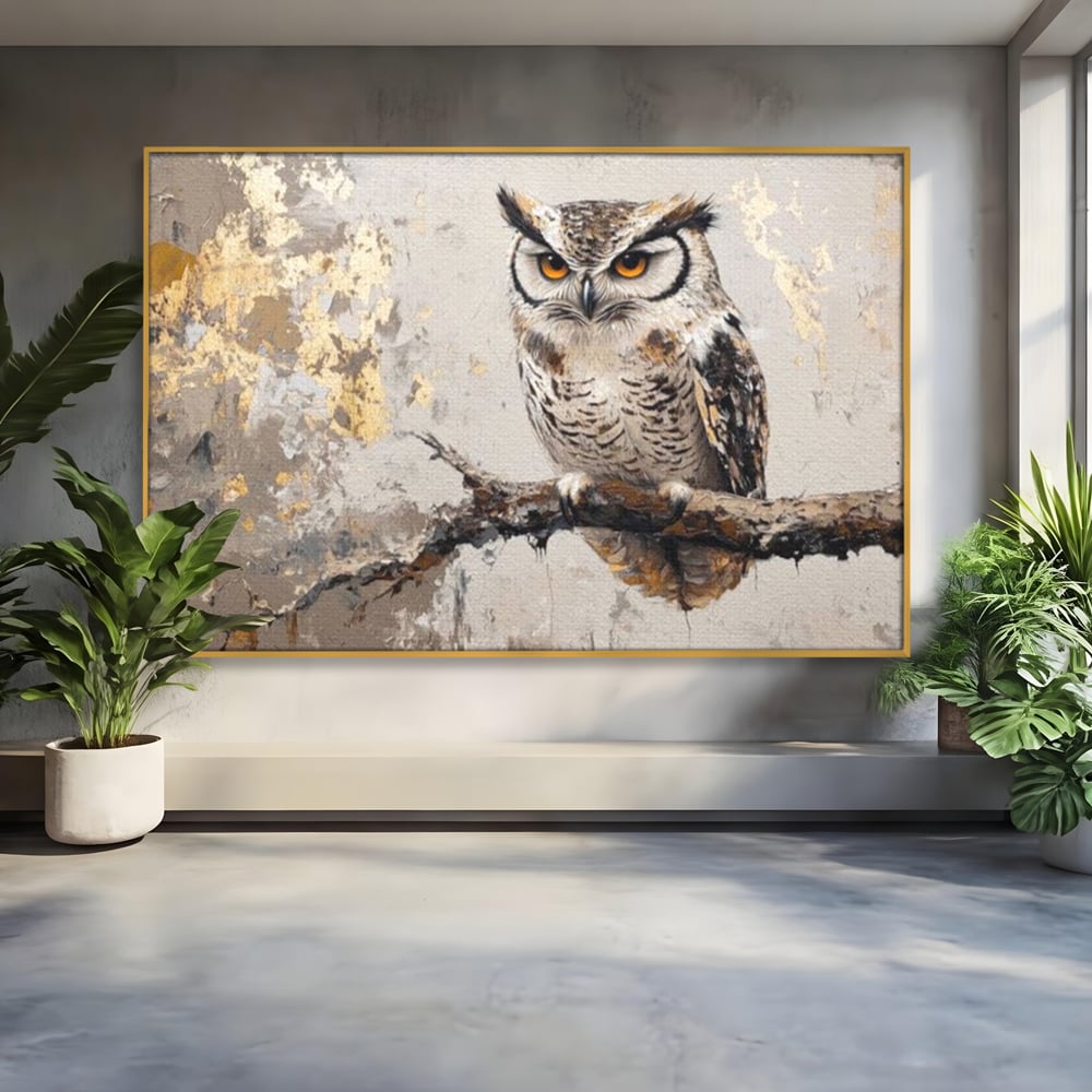 Tablou Canvas Premium, LuxCanva® M1065, Veghere in Praf de Aur, Bufnita, Auriu, Abstract, Pictura, Pasari, Ramura, Textura, Mister, Intelepciune, Birou, Living, Camera Copil